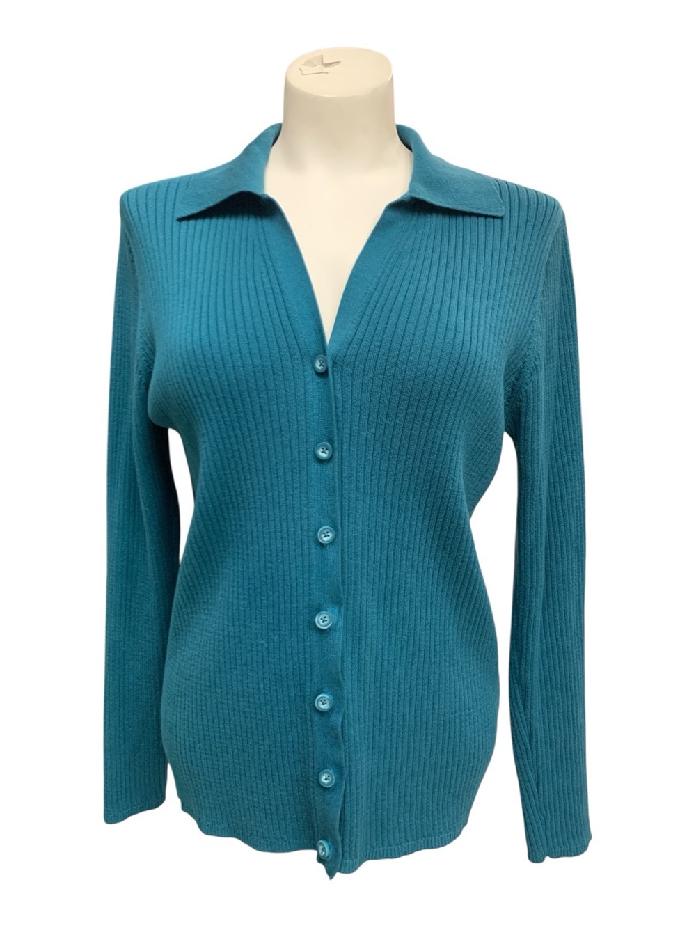 Ribbed Button-Front Teal Women's Cardigan